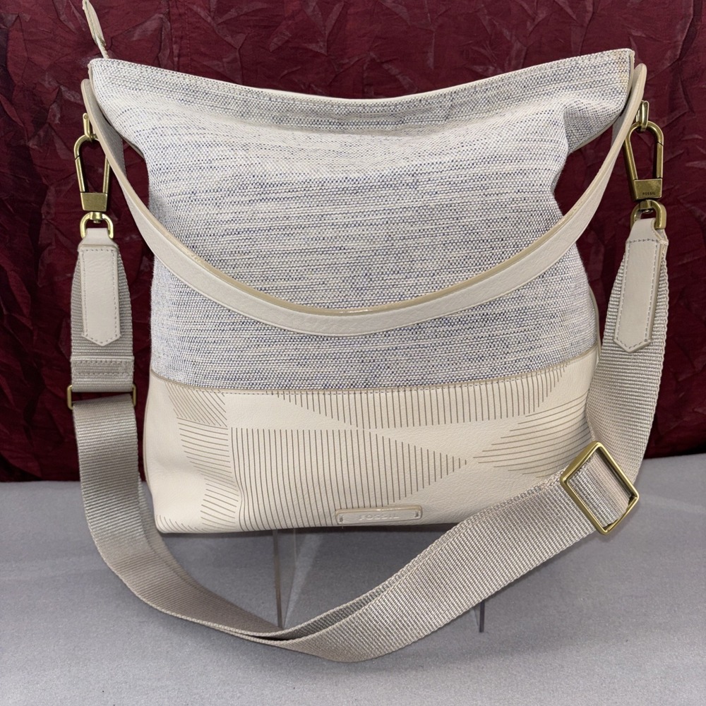 Fossil Maya Collection Hobo Cream & Blue Leather Canvas Adjustable Crossbody EUC
